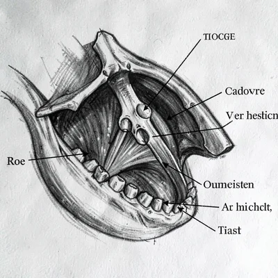 Charcoal anatomy study of a creature jaw with hinge muscles labeled visually, de