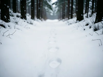 Snowy forest path with single set of footprints leading away, quiet