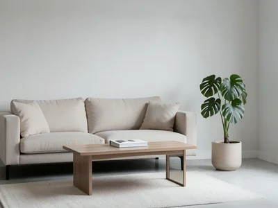 Minimalist living room with a beige sofa, coffee table book, and a single potted