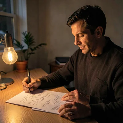 Lamplit portrait of a database engineer studying a printed schema, warm bulb glo