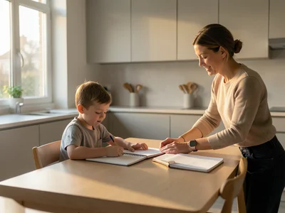 Child doing homework at kitchen table, parent helping, warm evening light