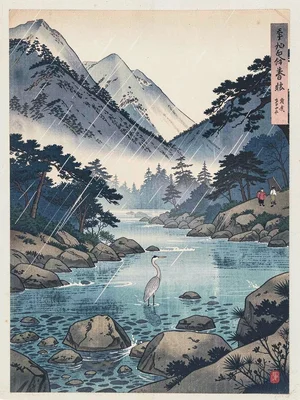 Mountain river in summer — clear shallows over rocks, a heron standing mid-curre