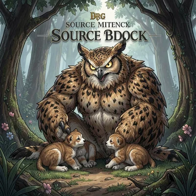 RPG sourcebook illustration, an owlbear protecting cubs in forest clearing, fier
