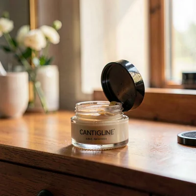 Warm still-life of a small jar of styling pomade open on a vanity, soft glow