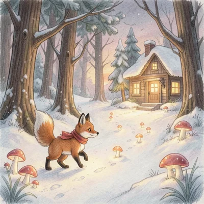 A small fox in a red scarf walking through a snowy forest at twilight, following
