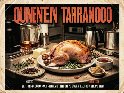 Turkey preparation scene, raw bird on counter with herbs, butter, seasoning