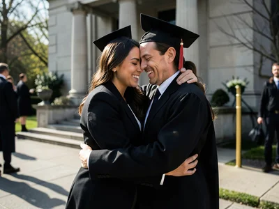 Family hugging graduate outside ceremony venue, emotional embrace, spring day