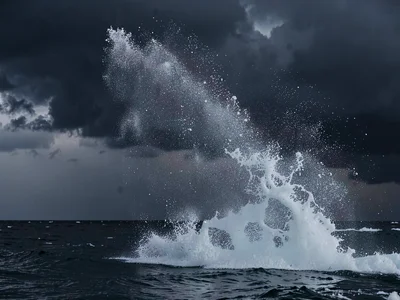 Spray against dark storm sky