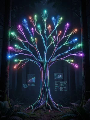 Tree with fiber optic branches, each leaf tip glowing different color, dark fore