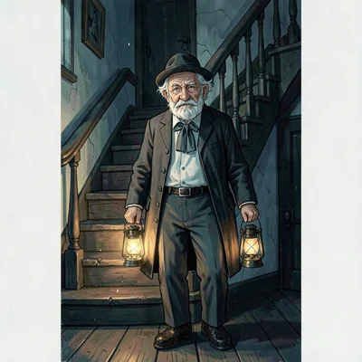 Painterly character-tile of an elderly innkeeper at the foot of a creaking stair