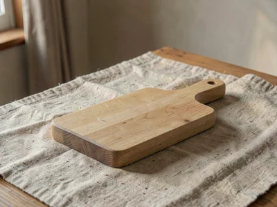 One handcarved wooden serving board of pale oak with handle cutout sitting centr
