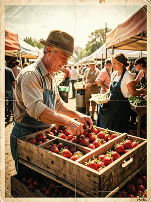 Customer choosing strawberries from wooden crate at spring market, morning sun