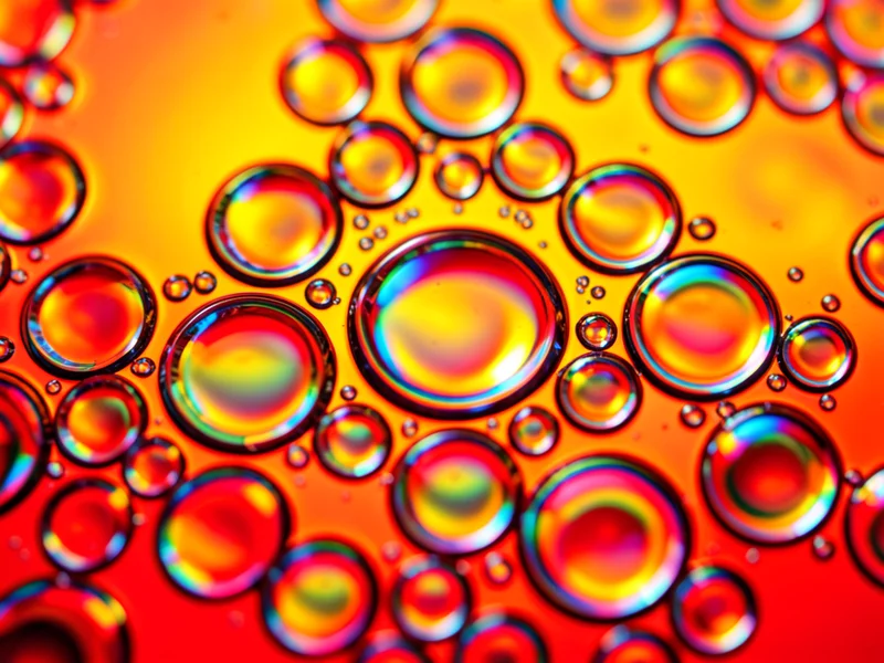 Oil and water macro with red-yellow gradient background, bubbles creating warm s
