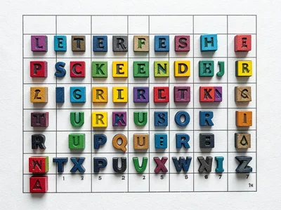 Letterpress alphabet blocks arranged in learning grid, deep impression, primary 
