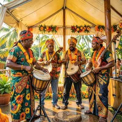 Vivid photograph with Trinidadian cultural fusion aesthetic, Tassa drums at a we
