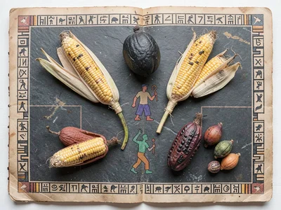 Dried ears of corn and cacao pods arranged in geometric flat-lay on dark stone