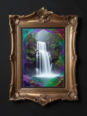 Ornate Victorian picture frame containing animated GIF of waterfall, wall-mounte