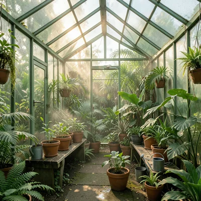 A small hobby greenhouse: wooden benches, terracotta pots of seedlings, a wateri