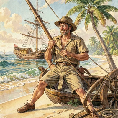 A shipwrecked sailor on tropical beach