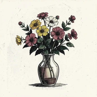 Risograph-style illustration, flower arrangement in vase , spot color layer simu