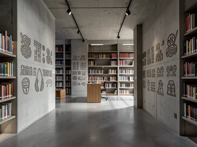 Brutalist library interior with Ghanaian Adinkra symbols carved into concrete wa