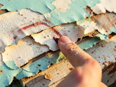 Chalking paint surface, sun-bleached to powder, rubbing finger would leave a col