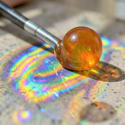 Molten glass gather on blowpipe end, glowing orange sphere with surface iridesce