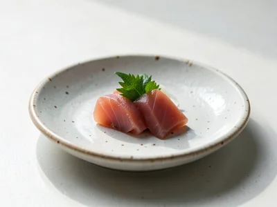 Sashimi plated on handmade Danish ceramics, minimalist presentation, natural lig