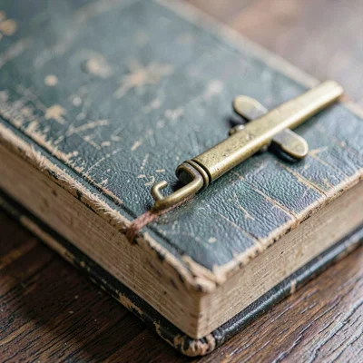 Vertical detail of a worn family bible with brass clasp, edges feathered