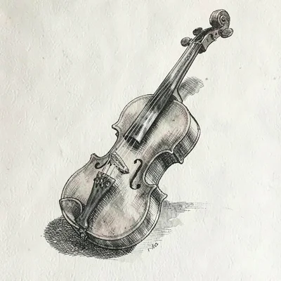 Pen-and-ink illustration of a violin in three-quarter view with crosshatched sha