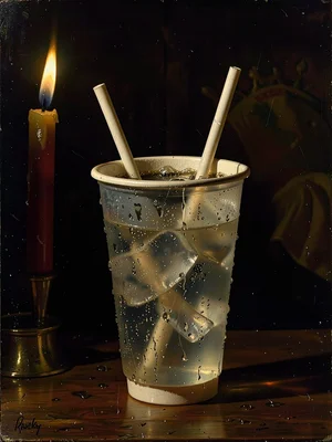 Paper cup of soda with straw, dramatic side lighting through condensation drople