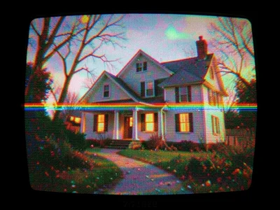 Paused VHS frame of spooky house, tracking distortion adding to horror