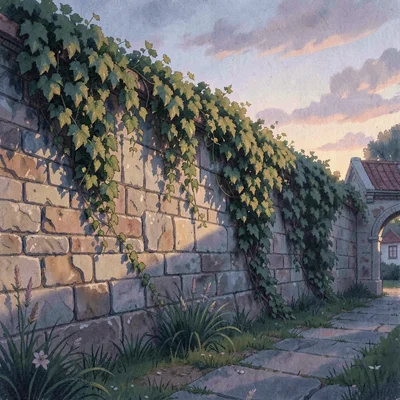 Atmospheric photo of a heritage stone wall at twilight with ivy catching the las