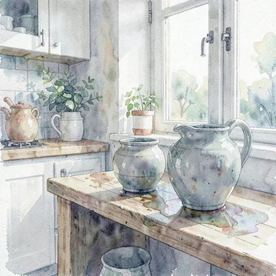 Soft wash interior of a kitchen with stoneware drying on a bench, cool morning p