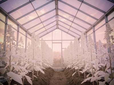 The interior of a greenhouse with overhead glass and tall white plants standing 