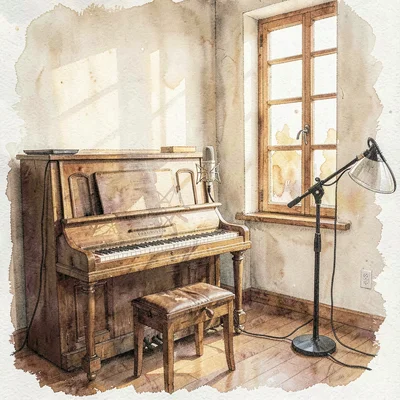 Watercolor wash of a small voice studio with an upright piano, mic stand, and a 