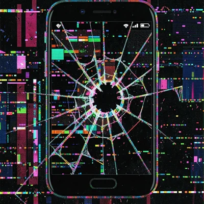 Glitch art illustration, phone screen cracking into glitches , digital corruptio