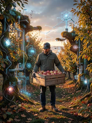 Person carrying wooden crate of harvested apples through orchard, autumn light