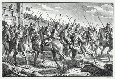 Battle scene cross-hatched