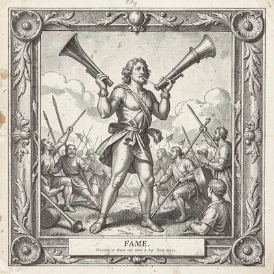 Fame blowing twin trumpets over battlefield