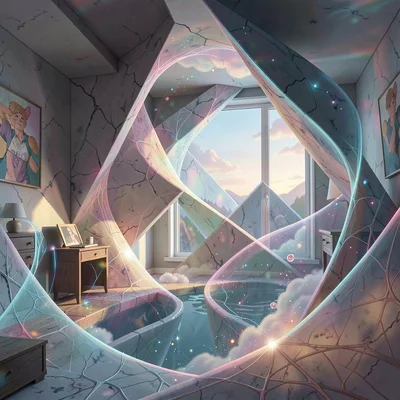 Neural network style illustration, room with impossible geometry , diffusion mod