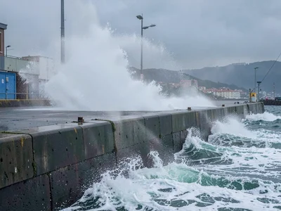 Harbor wall in storm spray
