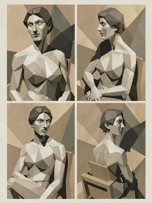 Female figure in a chair, shoulders from front, face from three-quarter, lap fro