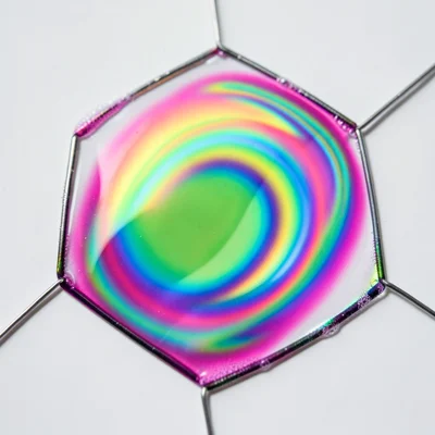 Soap film stretched across hexagonal wire frame, psychedelic color gradient flow