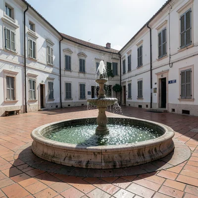 Siesta stillness, afternoon heat weight, A fountain with no one around, water gl