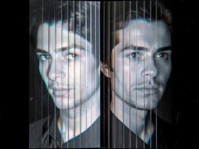 Lenticular print at transition angle, two images half-blended into uncanny chime
