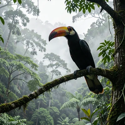 Cloud forest mist layers in Costa Rica, Toucan perched on a branch silhouetted a