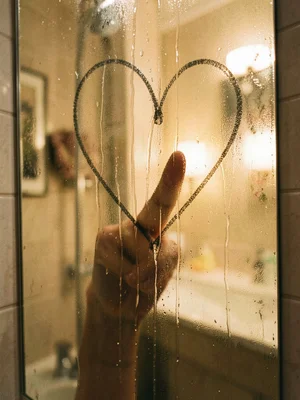 A bathroom mirror after a hot shower, the steam revealing a heart drawn with a f