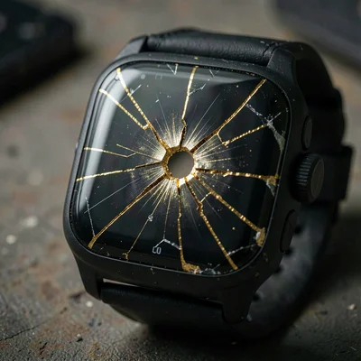 Broken smartwatch face with gold-filled cracks radiating from center impact
