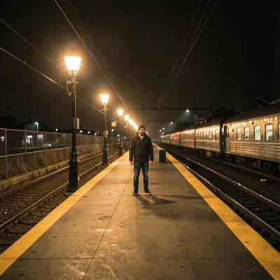 Cinematic shot of a train platform at night with a lone traveler, halo of statio